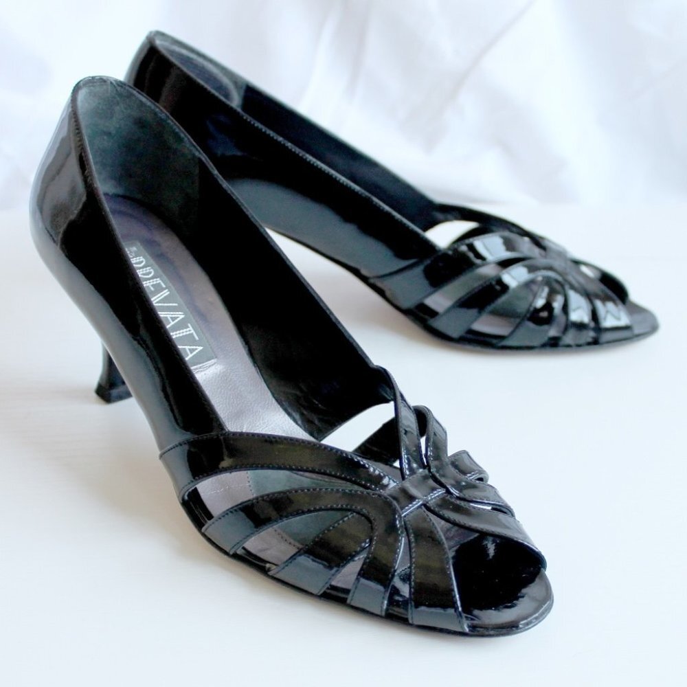 PREVATA  | Vintage Italian Leather Shoes 7 1/2 Black | Open-Toes Kitten Heels